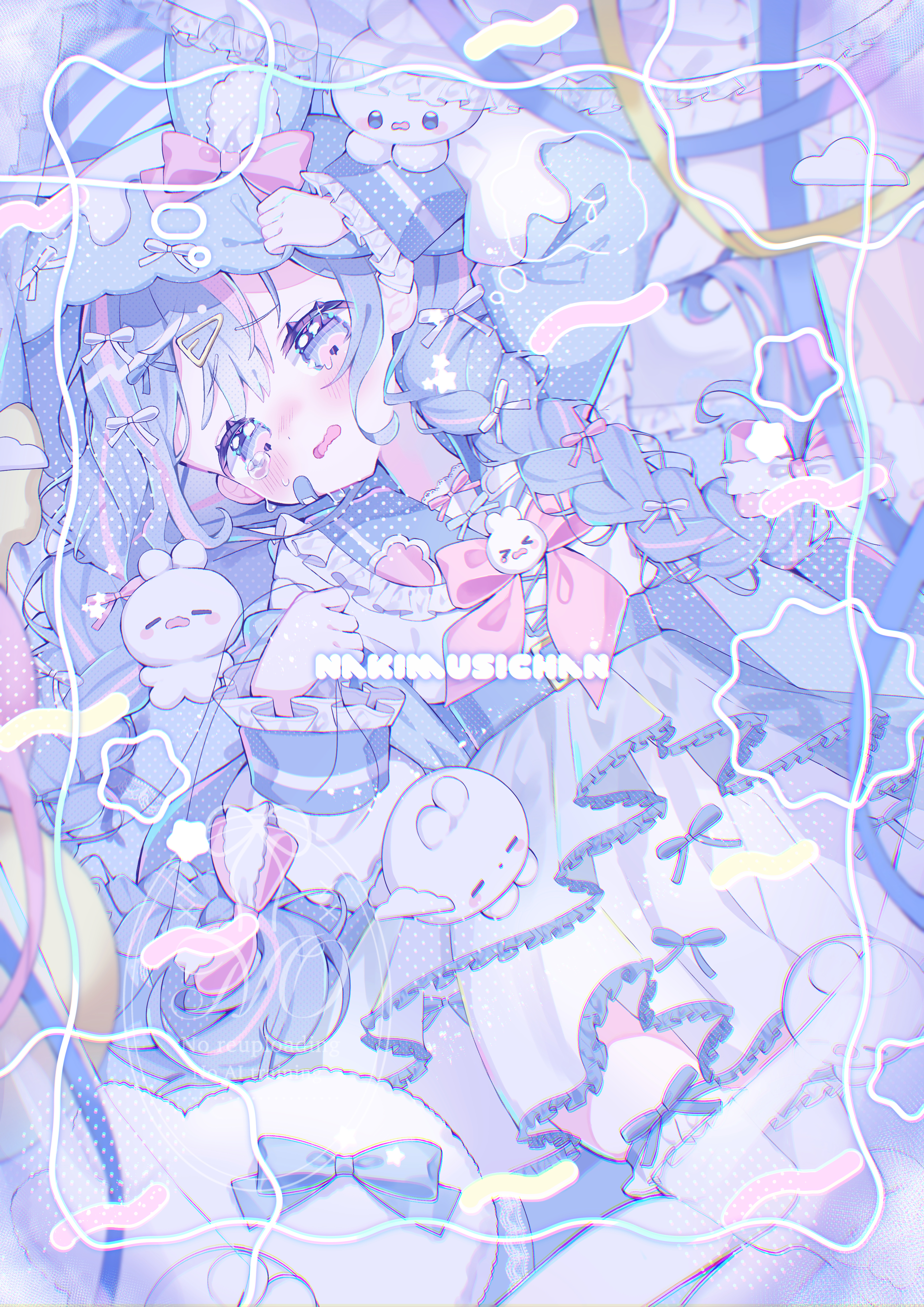 sango (35sangosan), original, absurdres, commentary request, highres, > <, 1girl, animal ear hood, animal ears, artist name, blue dress, blue eyes, blue sailor collar, blue theme, blush, border, bow, bowtie, braid, chestnut mouth, closed eyes, dress, fake animal ears, feet out of frame, hood, layered dress, long hair, long sleeves, looking at viewer, lying, multicolored eyes, on back, pink bow, pink bowtie, pink eyes, rabbit, rabbit brooch, rabbit ears, ribbon, sailor collar, sidelocks, sleeping, star (symbol), tearing up, tenshi kaiwai, thighhighs, two-tone eyes, white thighhighs
