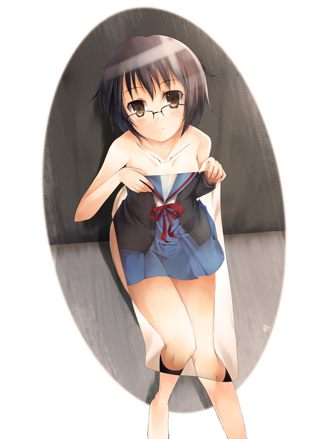 hubrael, nagato yuki, suzumiya haruhi no yuuutsu, 00s, 1girl, brown eyes, brown hair, clothes in front, covering privates, female focus, glasses, nude cover, school uniform, serafuku, solo