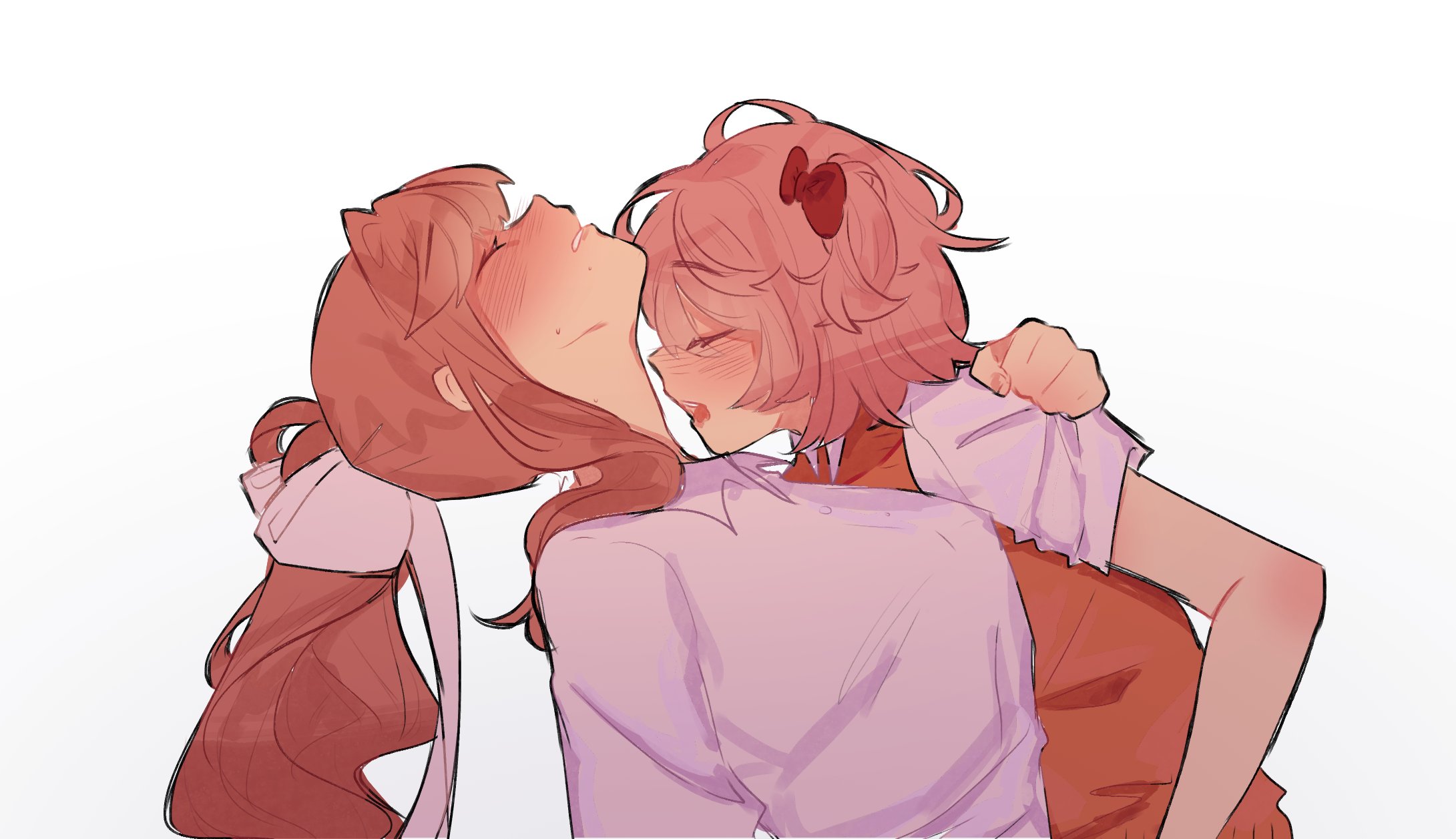 pockiseisont, monika (doki doki literature club), sayori (doki doki literature club), doki doki literature club, commentary, highres, 2girls, arms around neck, blush, bow, closed eyes, hair bow, hair ribbon, implied fingering, long hair, multiple girls, open mouth, orange hair, orange sweater vest, parted lips, pink hair, red bow, ribbon, shirt, short hair, simple background, sweat, sweater vest, white background, white ribbon, white shirt, yuri