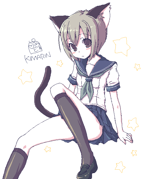 kimarin, original, 1girl, animal ears, cat ears, cat tail, female focus, kneehighs, looking at viewer, oekaki, school uniform, serafuku, socks, solo, tail
