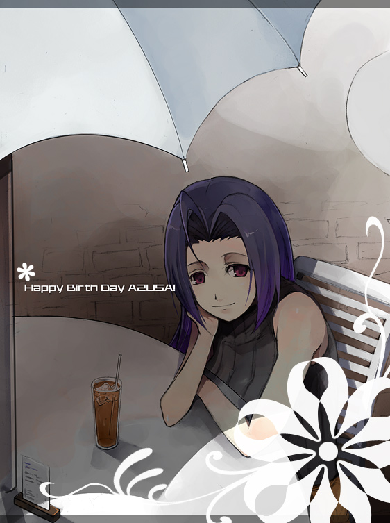pos (shiratama-ya), miura azusa, idolmaster, idolmaster (classic), idolmaster 1, bad id, bad pixiv id, 00s, 1girl, arm support, bare shoulders, blue hair, chair, female focus, head rest, head tilt, looking at viewer, red eyes, short hair, solo, sweater vest, table