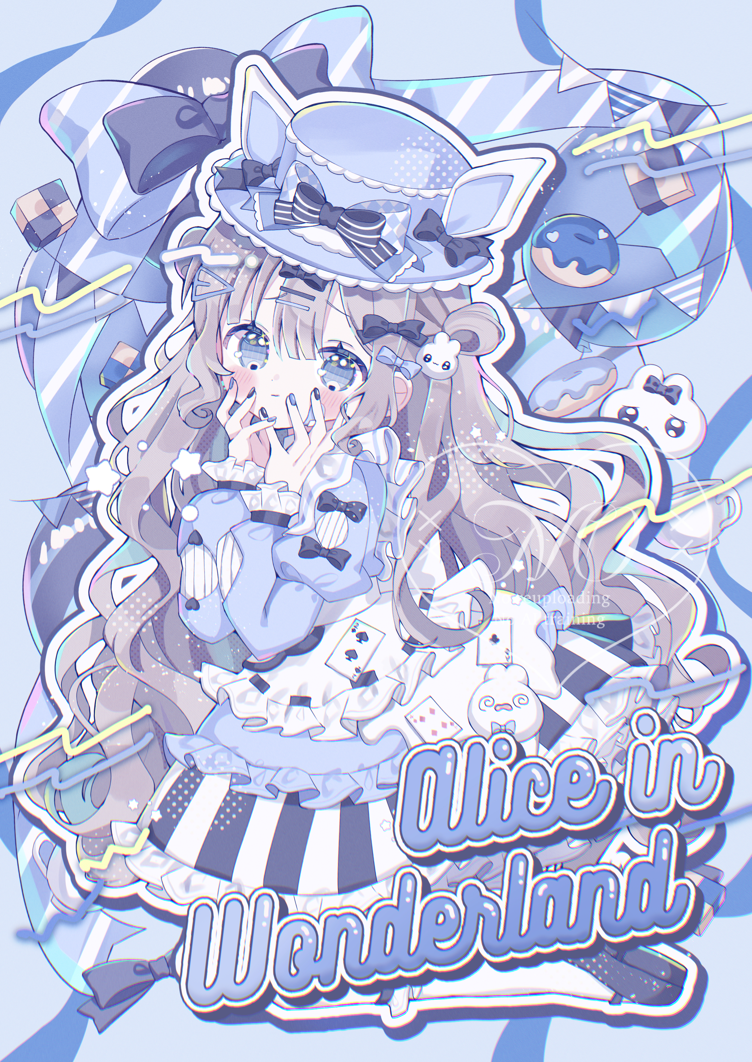 sango (35sangosan), alice's adventures in wonderland, original, absurdres, commentary request, highres, 1girl, ace (playing card), ace of clubs, animal ears, apron, black bow, black nails, black shoes, black skirt, blue background, blue dress, blue eyes, blue hat, blue nails, blue ribbon, blush, bow, brown hair, card, checkerboard cookie, club (shape), cookie, donut, dress, drop shadow, english text, fake animal ears, food, four of diamonds, full body, hair rings, hands on own face, hat, long hair, long sleeves, looking at viewer, nail polish, outline, pantyhose, playing card, puffy sleeves, ribbon, shoes, simple background, skirt, string of flags, striped clothes, striped skirt, tenshi kaiwai, two of spades, vertical-striped clothes, vertical-striped skirt, very long hair, white apron, white pantyhose, white skirt