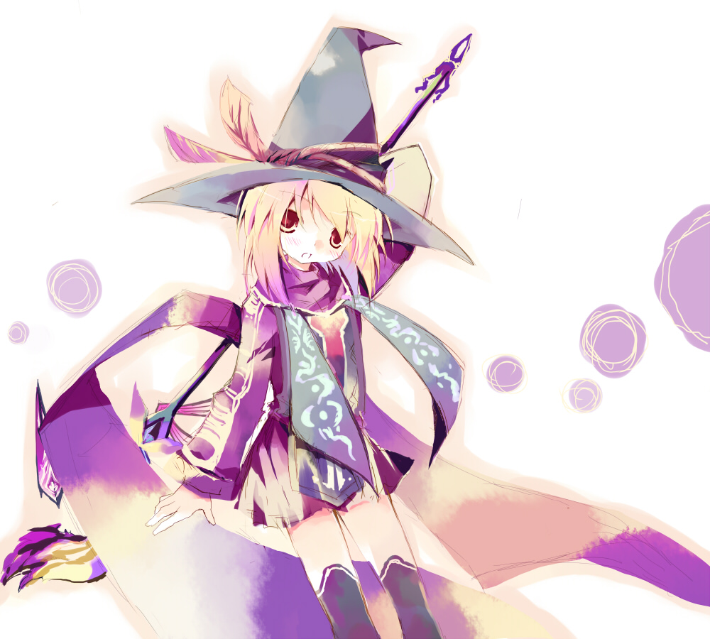 ayuka, fantasy earth zero, 1girl, blonde hair, female focus, fez hat, hat, red eyes, solo, witch hat