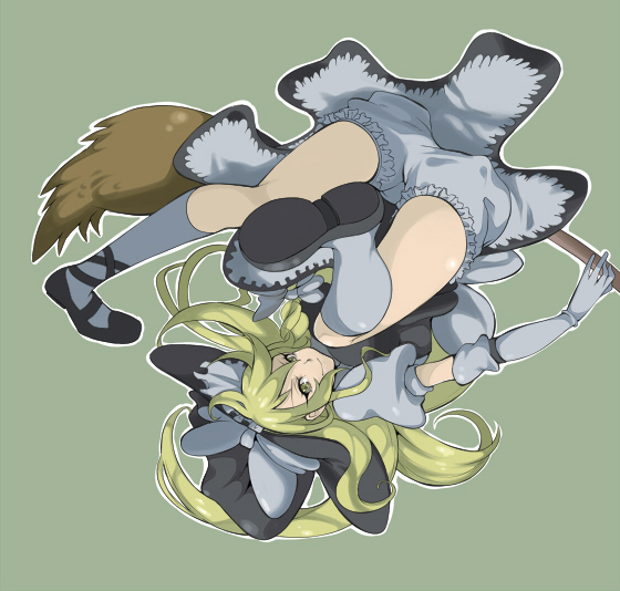 akishima kei, kirisame marisa, touhou, grey legwear, 1girl, apron, ass, blonde hair, bloomers, broom, broom riding, elbow gloves, embellished costume, female focus, full body, gloves, green background, hat, kushizaki mayo, looking at viewer, simple background, solo, thighs, underwear, upside-down, waist apron, white bloomers, witch hat