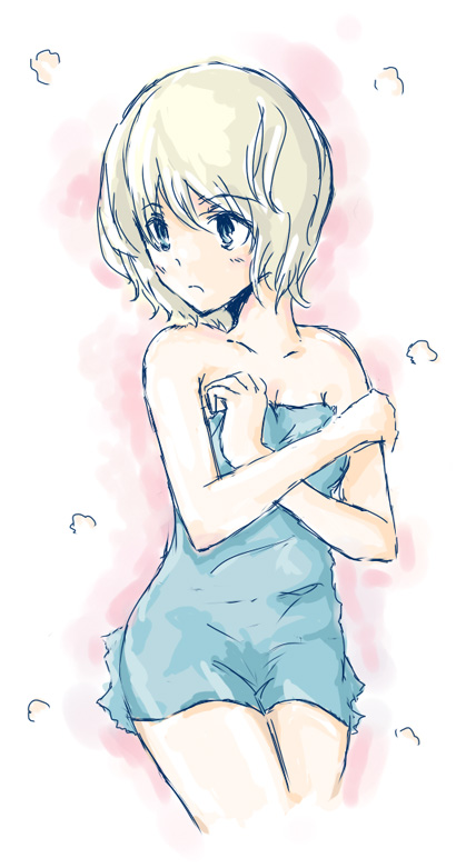 en (engawa), alice margatroid, touhou, 1girl, bare shoulders, blonde hair, blue eyes, blush, covering breasts, covering privates, crossed arms, embarrassed, female focus, naked towel, short hair, shy, solo, towel