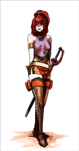 karin koenig, shadow hearts, shadow hearts ii, lowres, 1girl, breasts, brown skirt, brown thighhighs, female focus, looking at viewer, medium breasts, miniskirt, ponytail, red hair, sheath, sheathed, short hair, simple background, skirt, solo, sword, thighhighs, weapon, white background, zettai ryouiki