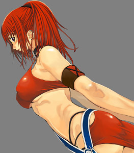 karin koenig, shadow hearts, shadow hearts ii, lowres, 1girl, armlet, bare shoulders, blue eyes, blush, breasts, female focus, from side, grey background, jewelry, looking at viewer, looking to the side, ponytail, profile, red hair, revealing clothes, simple background, solo, underboob