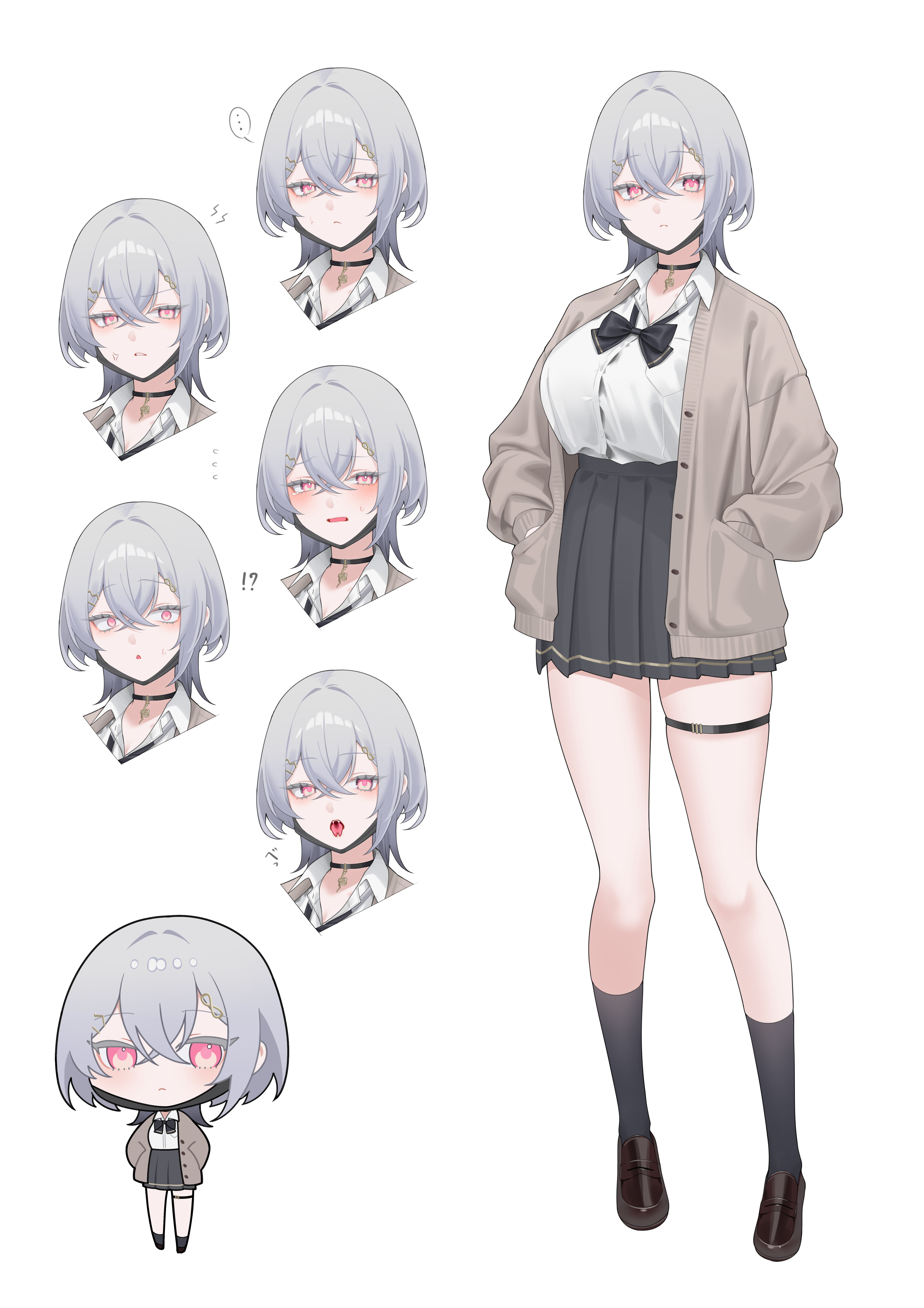 gfpebs, original, absurdres, commentary, highres, !?, …, 1girl, :<, :p, black bow, black bowtie, black skirt, black socks, blush, bow, bowtie, breasts, brown cardigan, brown shoes, cardigan, chestnut mouth, chibi, collared shirt, crossed bangs, frown, full body, grey hair, hands in pockets, huge breasts, looking at viewer, multiple expressions, multiple views, pleated skirt, red eyes, shirt, shoes, simple background, skirt, socks, thigh strap, tongue, tongue out, white background, wide-eyed