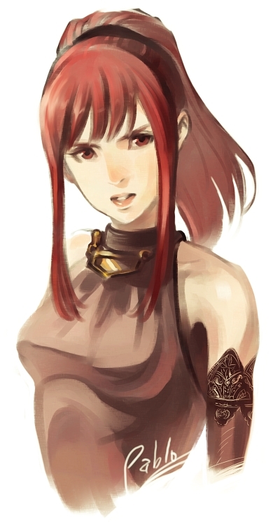 pablo uchida, karin koenig, shadow hearts, shadow hearts ii, 1girl, female focus, lips, looking at viewer, ponytail, red eyes, red hair, serious, sidelocks, signature, sleeveless, solo, upper body