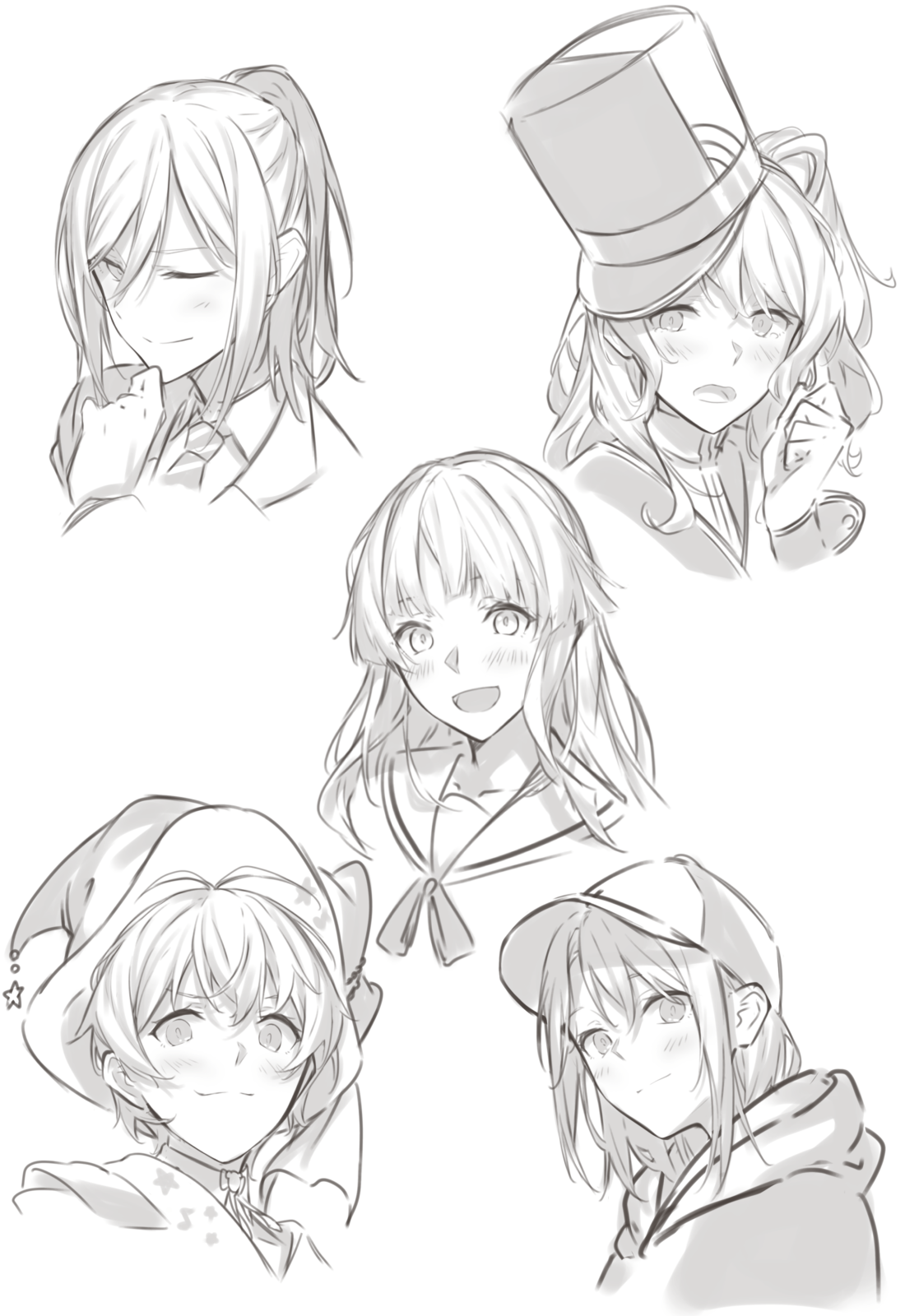 kanade (kanade 3344), kitazawa hagumi, matsubara kanon, okusawa misaki, seta kaoru, tsurumaki kokoro, bang dream!, commentary, highres, 5girls, blush, greyscale, hair between eyes, hanasakigawa school uniform, hand on own chin, haneoka school uniform, hat, hello happy world!, hood, hood down, hoodie, long hair, long hair between eyes, monochrome, multiple girls, one-eyed, one eye closed, open mouth, ponytail, sailor collar, school uniform, simple background, white background, witch hat