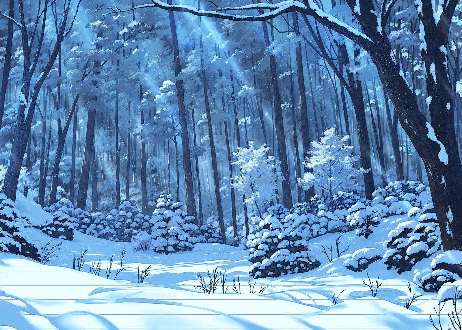 isobe toast, original, highres, bare tree, blue theme, bush, grass, light rays, no humans, outdoors, pine tree, scenery, snow, sunbeam, sunlight, tree, winter