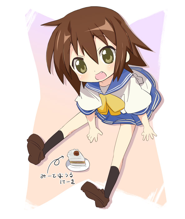 ixy, kusakabe misao, lucky star, 00s, black socks, brown hair, cake, fang, food, meatball, pastry, school uniform, serafuku, short hair, sitting, socks, solo