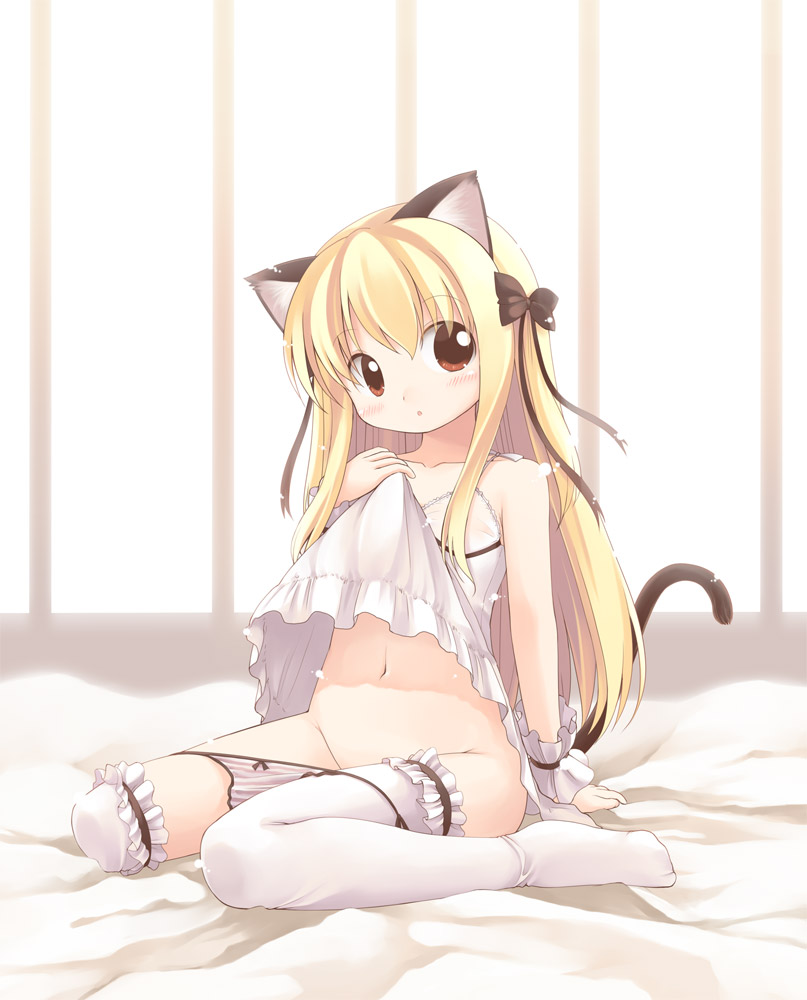 emurin, original, 1girl, animal ears, blonde hair, blush, brown eyes, cat ears, cat tail, female focus, flat chest, lingerie, loli, long hair, navel, panties, solo, tail, thighhighs, underwear, window