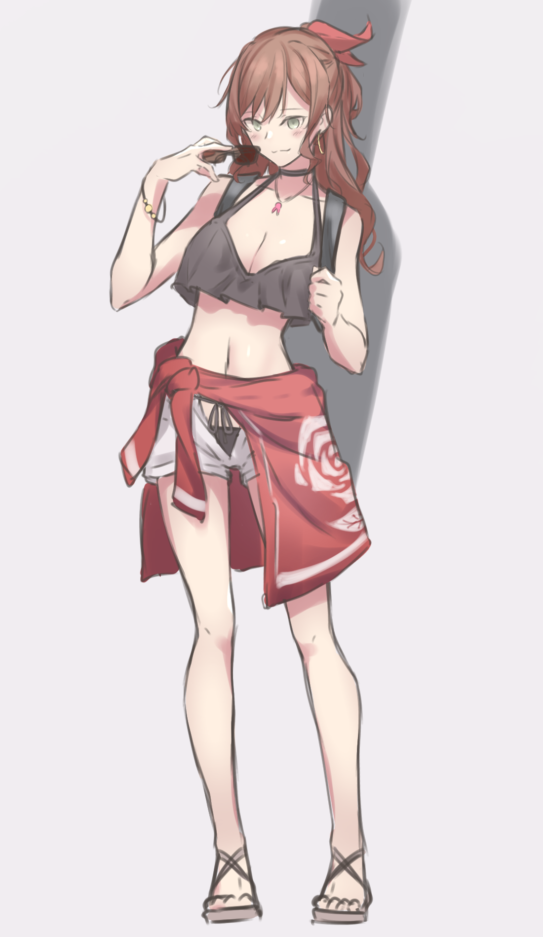 kanade (kanade 3344), imai lisa, bang dream!, commentary, highres, 1girl, bikini, bikini under shorts, black bikini, black choker, breasts, brown hair, choker, cleavage, clothes around waist, full body, green eyes, grey background, guitar case, half updo, instrument case, instrument on back, jacket, jacket around waist, large breasts, long hair, looking at viewer, navel, red jacket, shorts, simple background, solo, standing, stomach, swimsuit, white background, white shorts