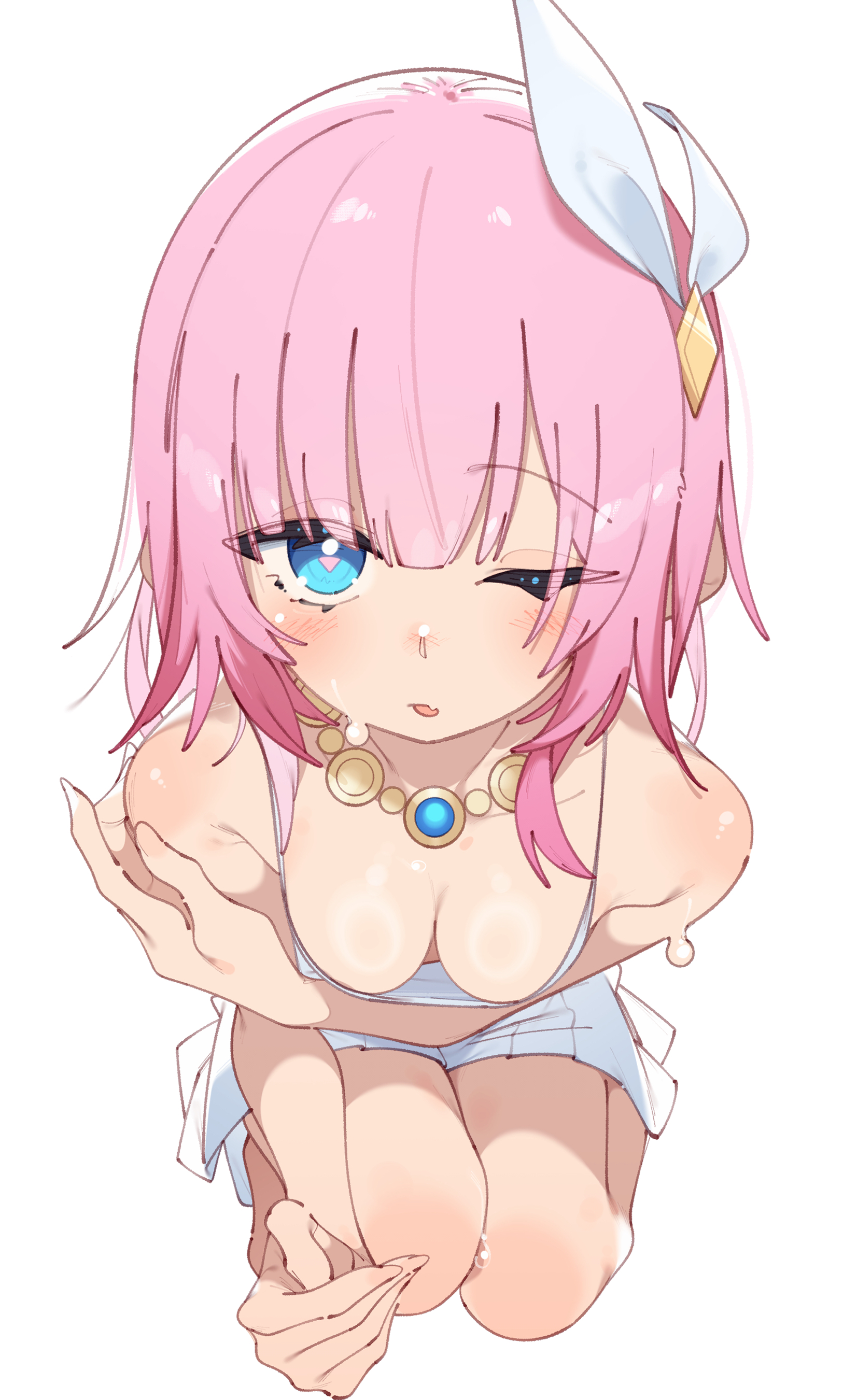 rasusurasu, cyrene (honkai: star rail), honkai: star rail, honkai (series), absurdres, highres, 1girl, bare shoulders, bikini, blue eyes, blush, breasts, collarbone, cyrene (aedes elysiae) (honkai: star rail), fang, fingernails, from above, hair ribbon, jewelry, large breasts, looking at viewer, medium hair, necklace, one eye closed, open mouth, pink hair, pink pupils, ribbon, simple background, skin fang, solo, swimsuit, thighs, white background, white bikini, white ribbon