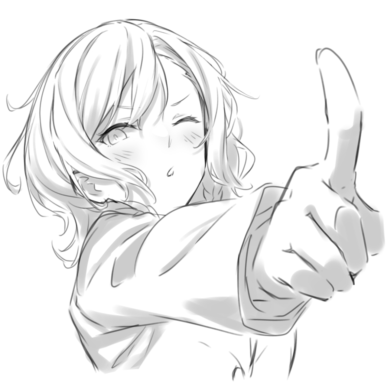 kanade (kanade 3344), hikawa hina, bang dream!, commentary, highres, 1girl, blush, jacket, long sleeves, medium hair, one eye closed, open mouth, pointing, solo