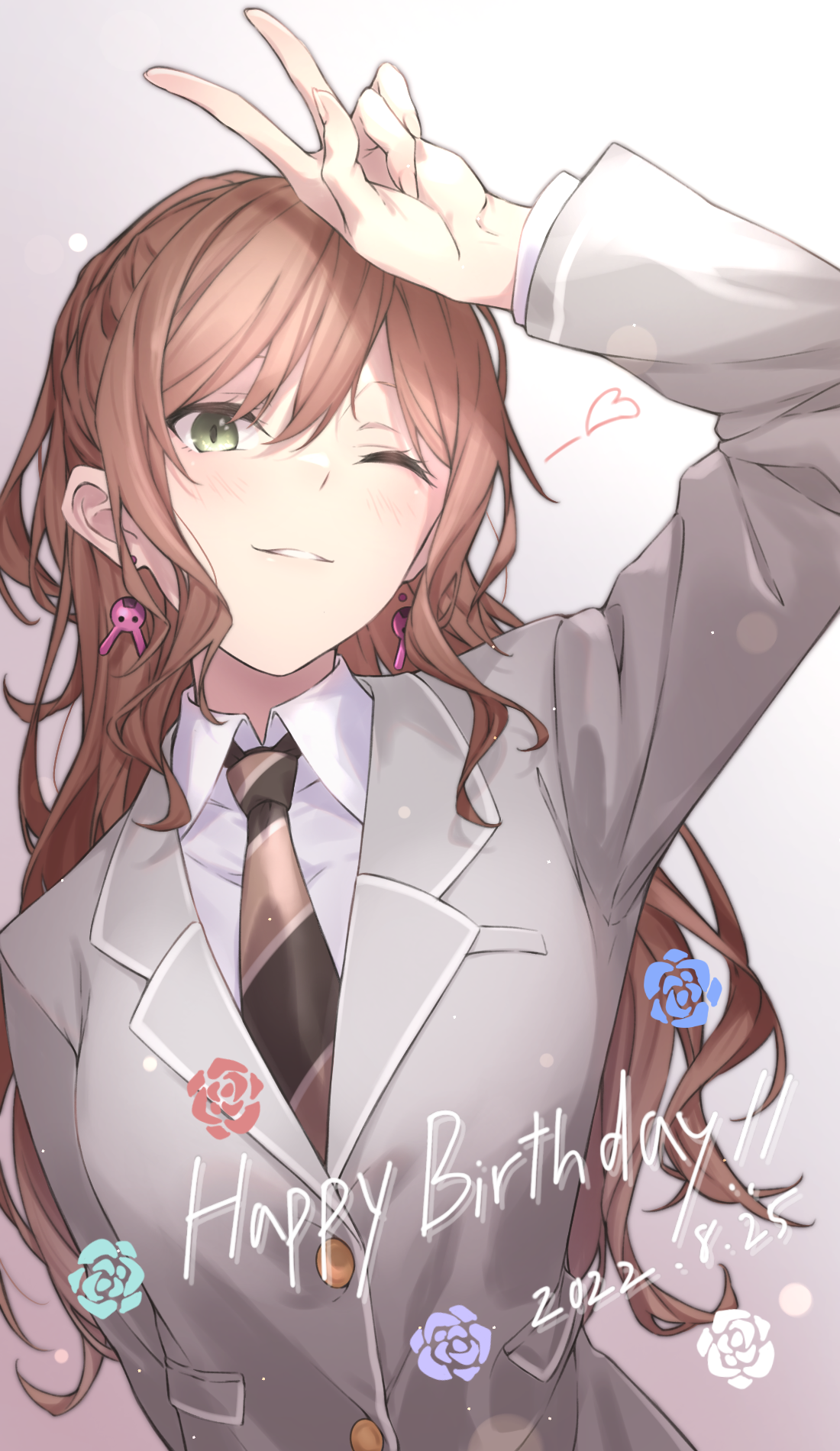 kanade (kanade 3344), hikawa sayo, imai lisa, minato yukina, roselia (bang dream!), shirokane rinko, udagawa ako, bang dream!, commentary, highres, 1girl, arm up, blush, brown hair, brown necktie, dated, diagonal-striped clothes, diagonal-striped necktie, earrings, green eyes, grey jacket, half updo, haneoka school uniform, happy birthday, heart, jacket, jewelry, long hair, necktie, one eye closed, open mouth, parted lips, school uniform, solo, striped clothes, v