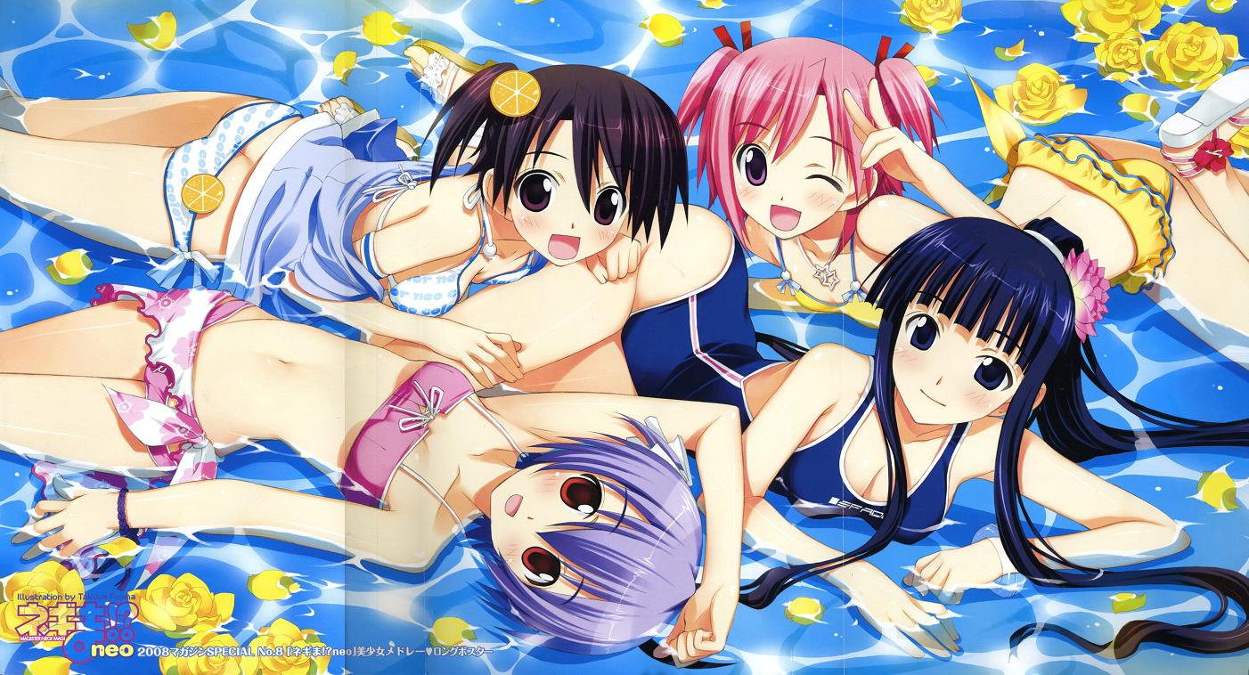 fujima takuya, akashi yuuna, izumi ako, ookouchi akira, sasaki makie, mahou sensei negima!, jpeg artifacts, scan, scan artifacts, 00s, 4girls, armband, ass, back, bikini, black hair, blue eyes, blue hair, blush, breasts, butt crack, cleavage, crease, flat chest, flower, food, food-themed clothes, frilled bikini, frills, fruit, hair flower, hair ornament, hug, jewelry, long hair, lowleg, lowleg bikini, lying, multiple girls, navel, necklace, off shoulder, on back, on stomach, one-piece swimsuit, one eye closed, orange (fruit), orange slice, petals, pink hair, ponytail, purple eyes, red eyes, rose, sandals, sarong, short hair, side ponytail, small breasts, smile, submerged, swimsuit, v, very long hair, water, wink, yellow flower, yellow rose