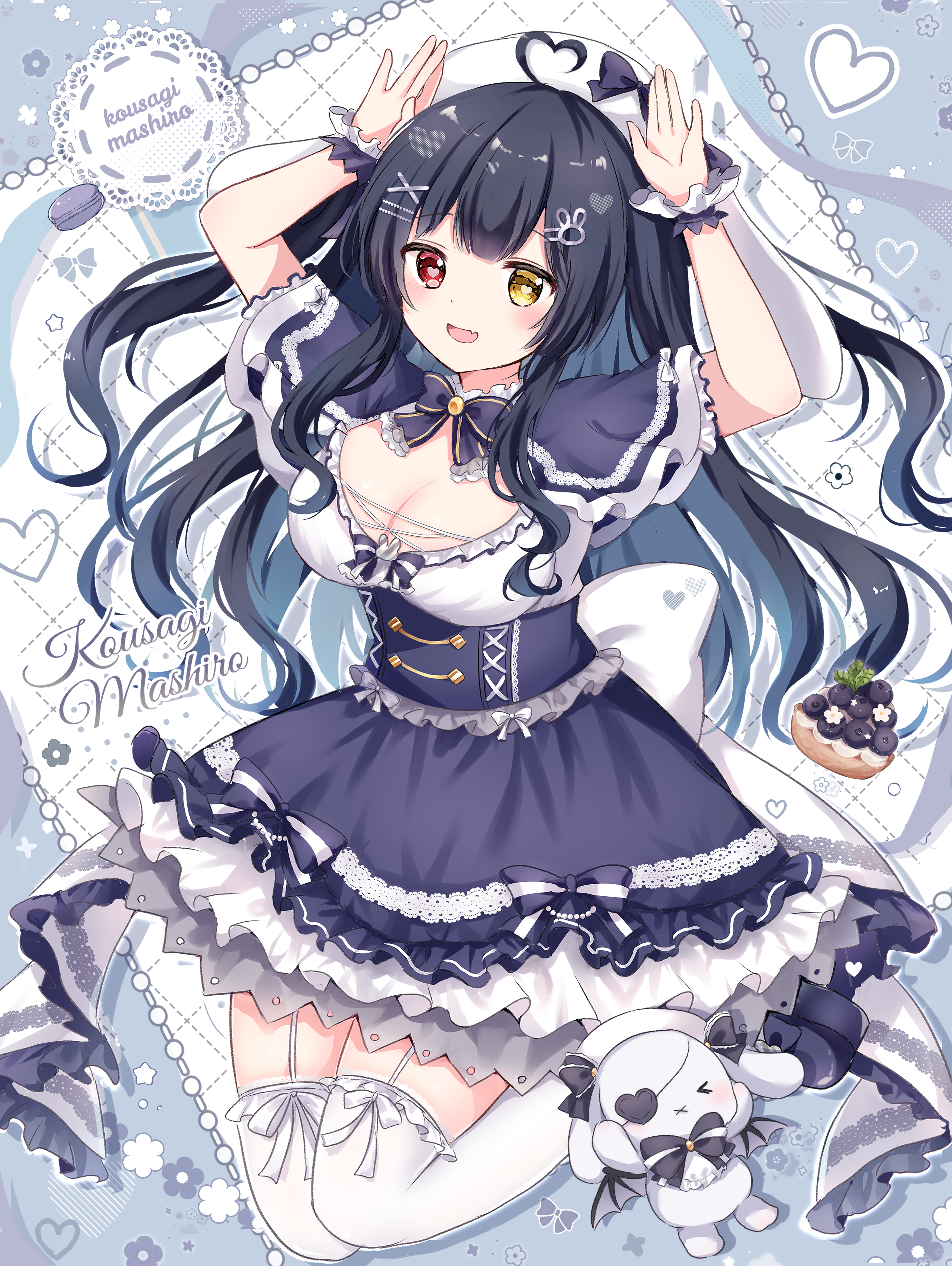 kokoshira 0510, indie virtual youtuber, absurdres, highres, ahoge, back ribbon, black hair, blue hair, blue shoes, corset, dress, fang, flower, food, hair ornament, hat, heart, heart ahoge, heterochromia, kousagi mashiro, long hair, macaron, multicolored hair, rabbit, rabbit hair ornament, red eyes, sailor dress, sailor hat, shoes, skin fang, thighhighs, twintails, two side up, virtual youtuber, white thighhighs, yellow eyes, yume kawaii