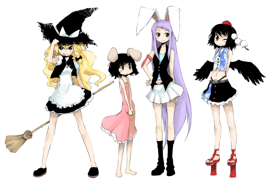 oso (toolate), inaba tewi, kirisame marisa, reisen udongein inaba, shameimaru aya, touhou, 4girls, alternate costume, animal ears, armband, barefoot, black hair, black wings, blonde hair, broom, casual, female focus, geta, hat, long hair, multiple girls, one eye closed, purple hair, rabbit ears, sandals, skinny, tengu-geta, very long hair, vest, wings, wink, witch, witch hat