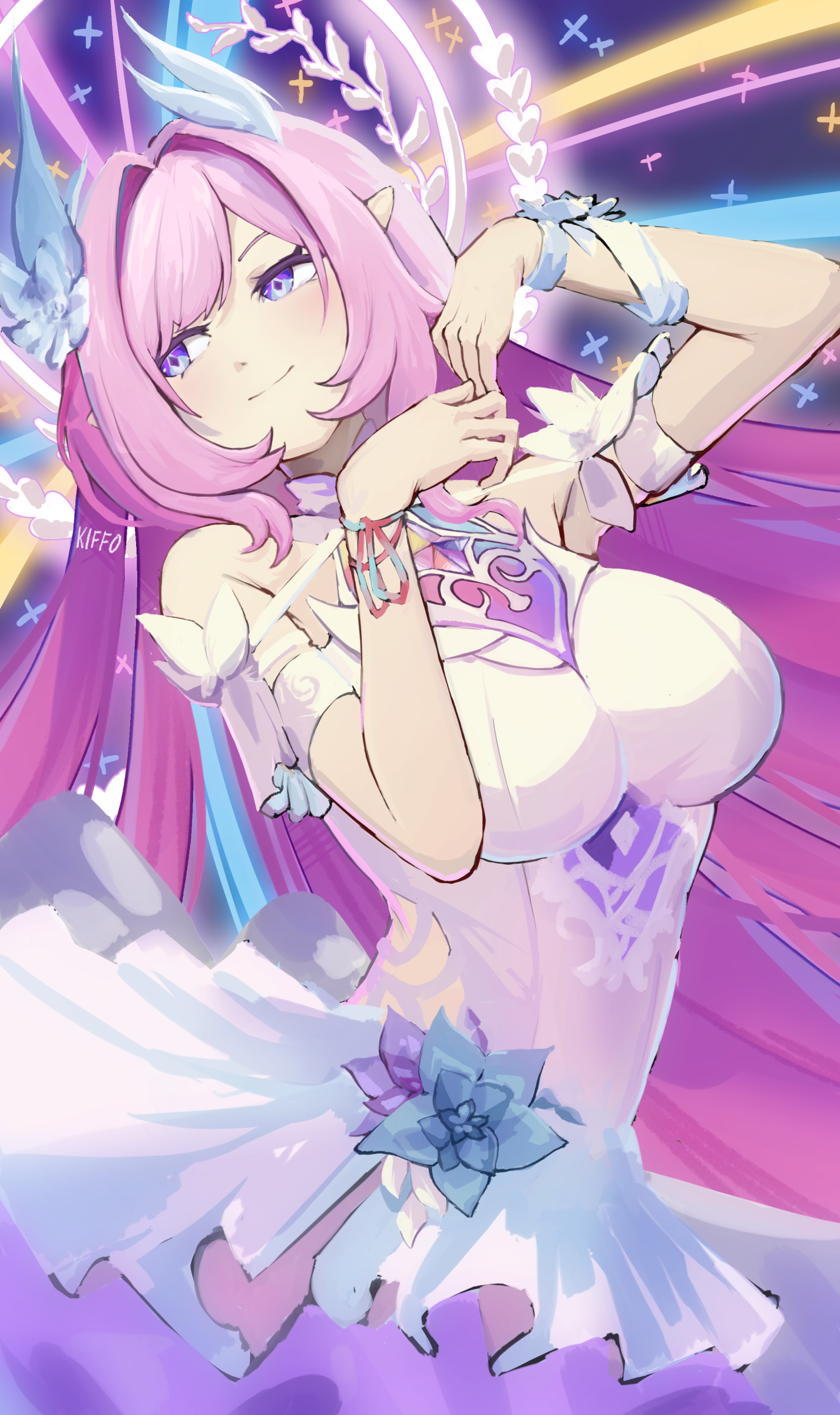 cyrene (honkai: star rail), cyrene (ripples of past reverie) (honkai: star rail), honkai: star rail, honkai (series), absurdres, commentary, highres, 1girl, bare shoulders, breasts, detached sleeves, diamond-shaped pupils, diamond (shape), dress, flower, hair flower, hair intakes, hair ornament, halo, kiffo, large breasts, long hair, pink hair, pointy ears, purple eyes, smile, solo, symbol-shaped pupils, twitter username, very long hair, white dress