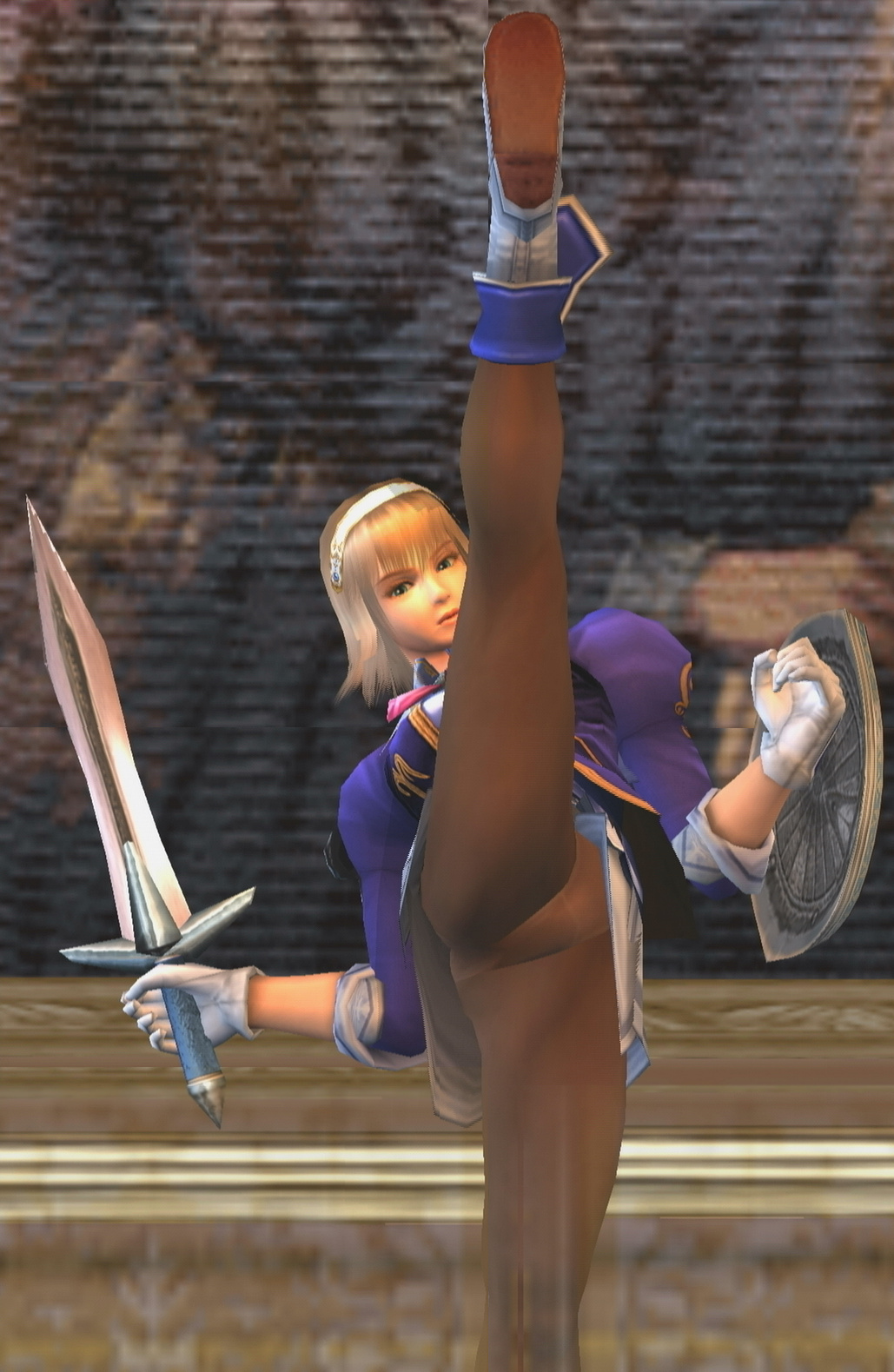 cassandra alexandra, soul calibur, soulcalibur, soulcalibur iii, highres, 1girl, blonde hair, female focus, high kick, kicking, panties, panties under pantyhose, pantyhose, pantyshot, solo, sword, underwear, weapon