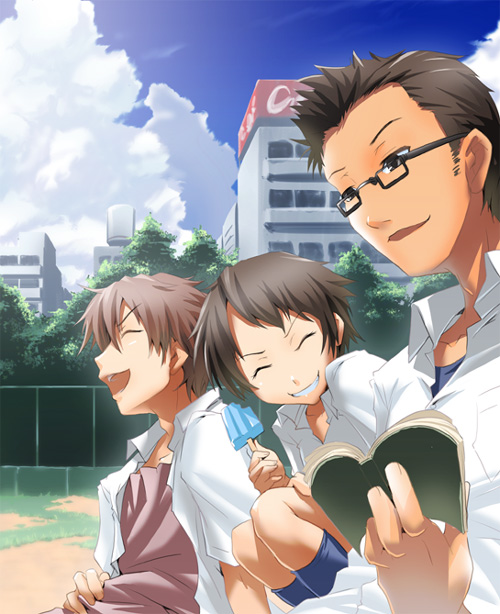 nilitsu, konno makoto, mamiya chiaki, tsuda kousuke, toki wo kakeru shoujo, 00s, 1girl, 2boys, closed eyes, food, glasses, ice cream, laughing, multiple boys, reading