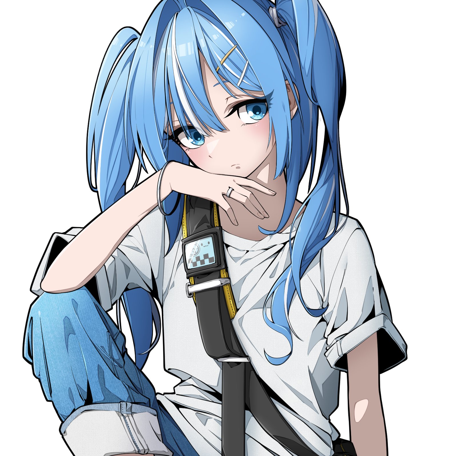 c jung8, arahashi tabi, stellive, commentary request, highres, korean commentary, 1girl, arm at side, blue eyes, blue hair, blue pants, bracelet, closed mouth, denim, elbow on knee, expressionless, hair between eyes, hair ornament, hair over shoulder, hair tie, hairclip, hand up, jeans, jewelry, knee up, long bangs, long hair, looking at viewer, multicolored hair, pants, parallel hairclips, parted bangs, ring, shirt, short sleeves, simple background, sitting, solo, streaked hair, t-shirt, twintails, virtual youtuber, white background, white shirt, white streaks