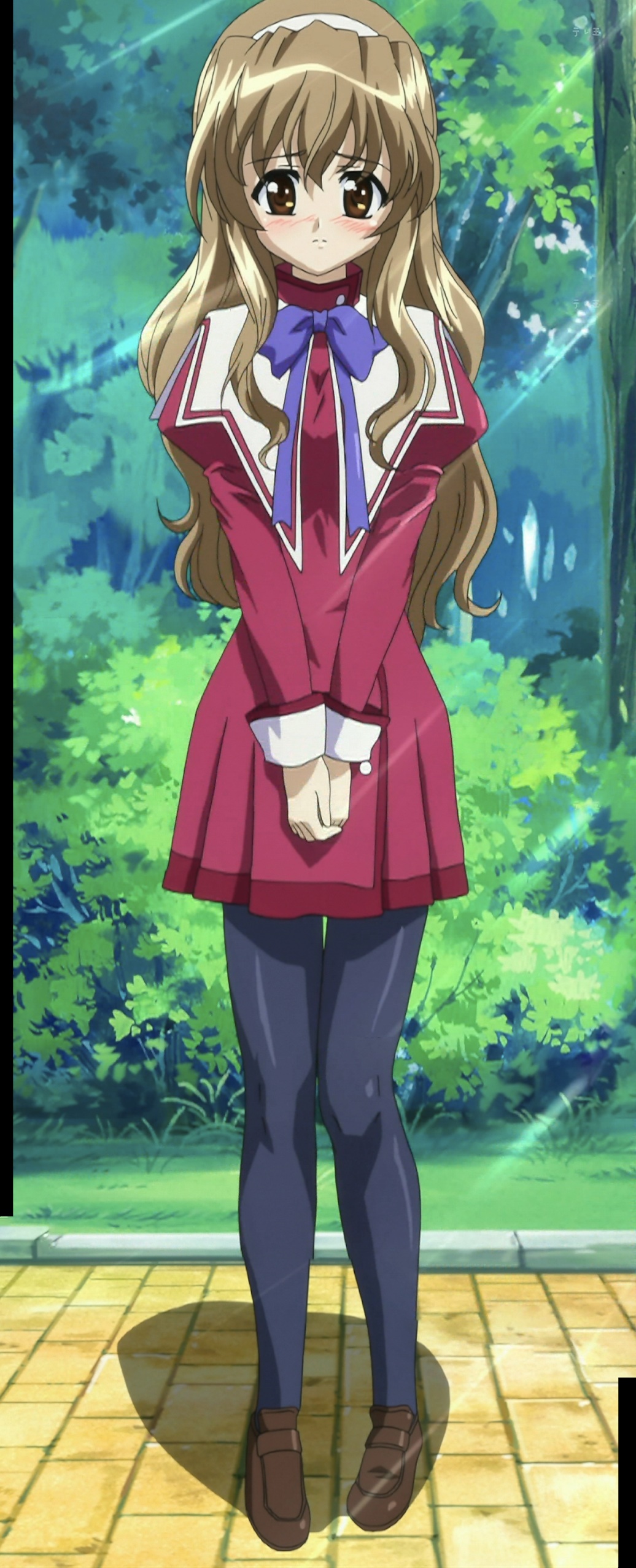 nogizaka haruka, nogizaka haruka no himitsu, absurdres, anime screenshot, highres, stitched, third-party edit, 00s, blush, brown hair, pantyhose, school uniform, serafuku, solo