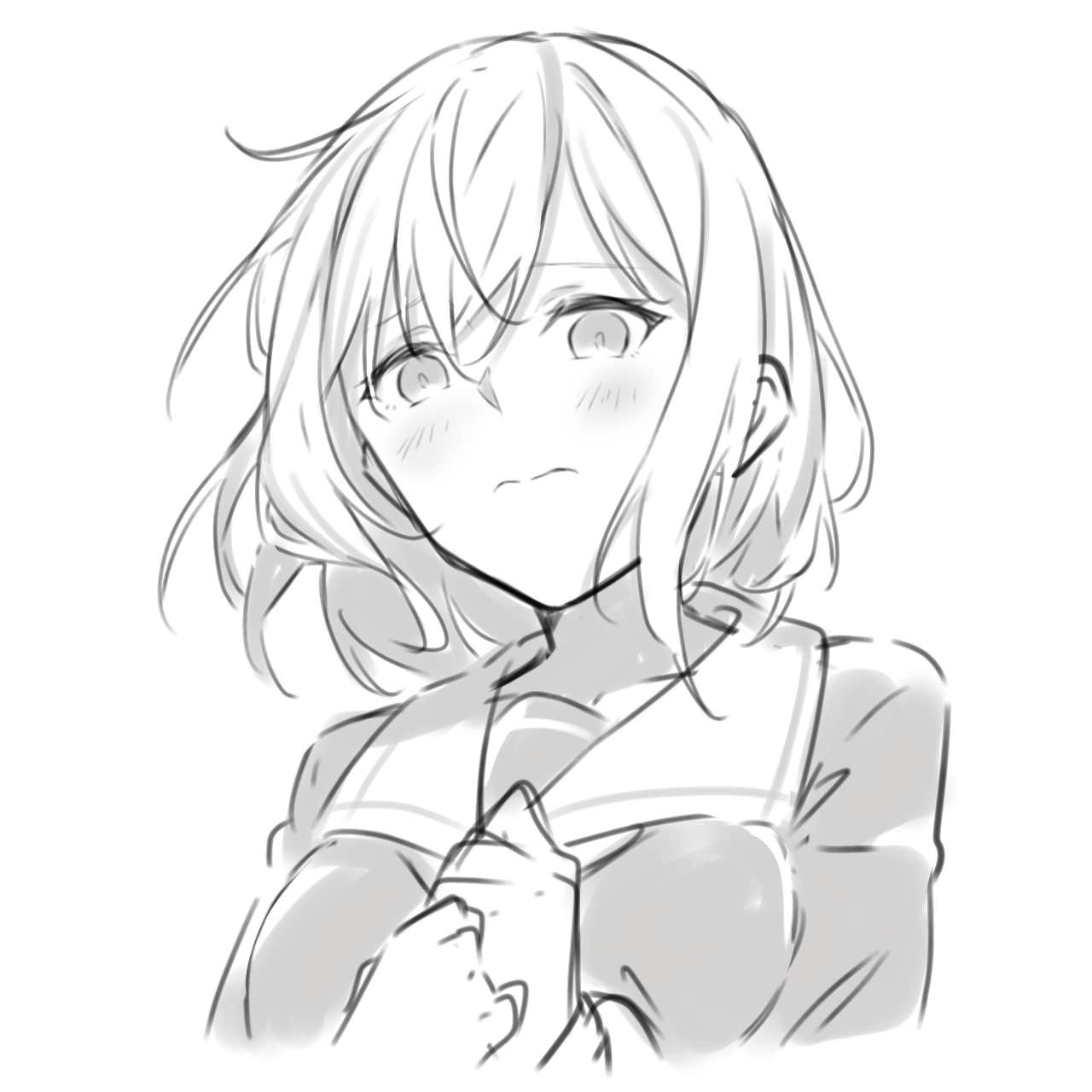 kanade (kanade 3344), kurata mashiro, bang dream!, commentary, highres, 1girl, blush, breasts, closed mouth, greyscale, medium breasts, medium hair, monochrome, school uniform, shirt, simple background, solo, tsukinomori school uniform, white background