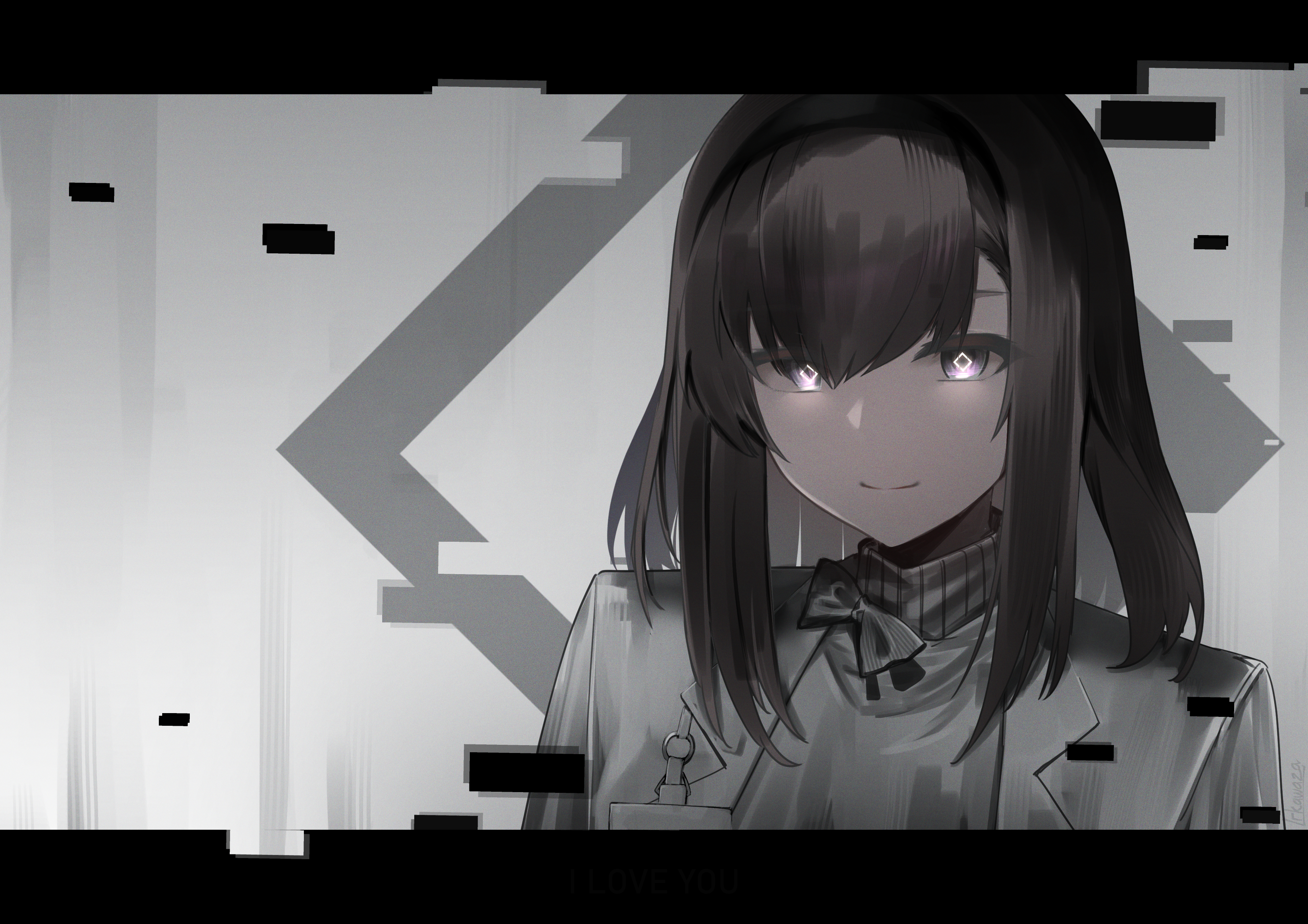 irkawaza, priestess (arknights), arknights, absurdres, commentary, english commentary, highres, 1girl, black border, black hairband, border, diamond-shaped pupils, diamond (shape), english text, glitch, greyscale, hairband, id card, lab coat, lapels, letterboxed, medium hair, monochrome, neck ribbon, purple eyes, ribbon, sidelocks, simple background, smile, solo, sweater, symbol-shaped pupils, turtleneck, turtleneck sweater, upper body
