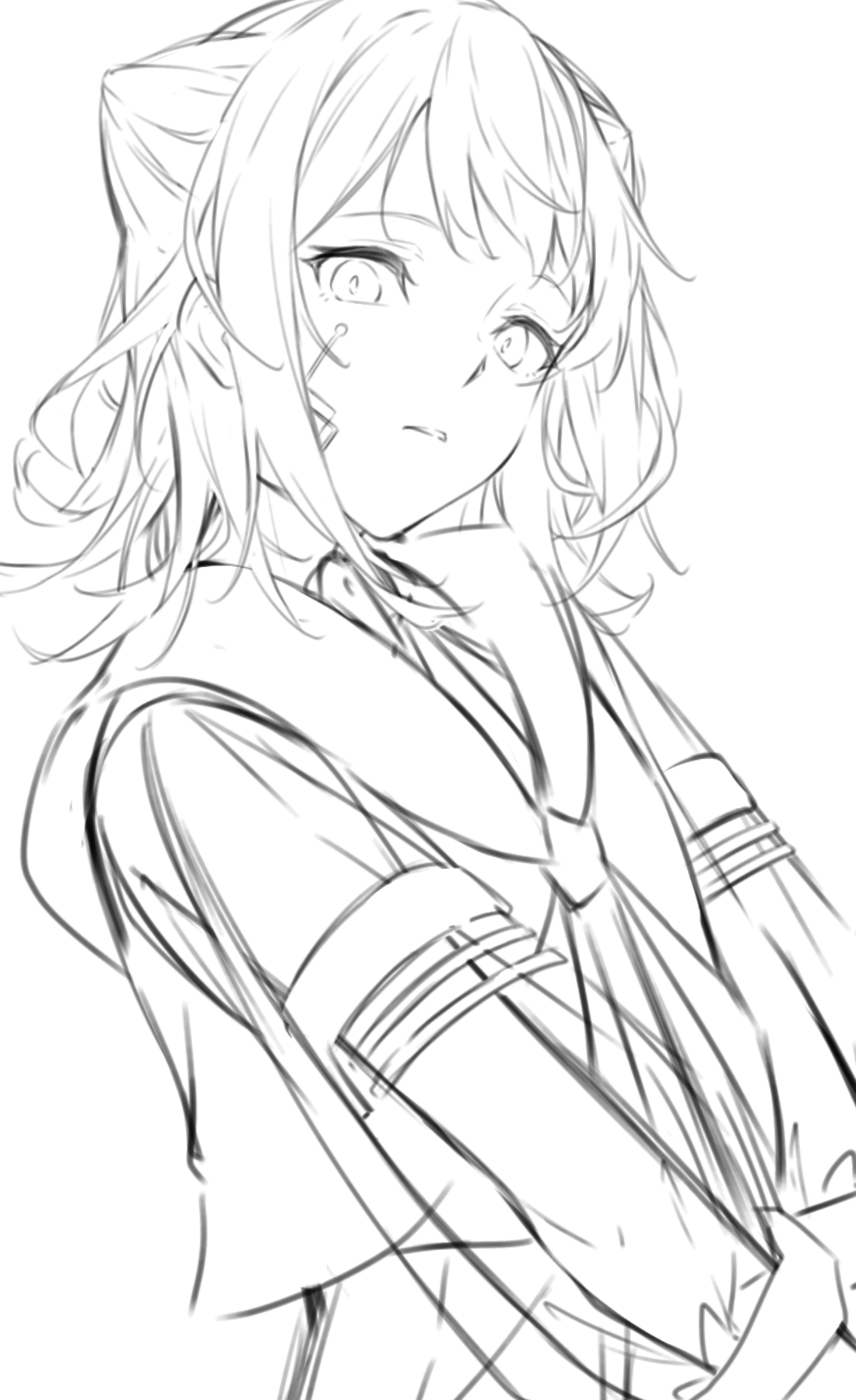 kanade (kanade 3344), popy (yumenokessho), toyama kasumi, bang dream!, commentary, highres, 1girl, cone hair bun, facial mark, greyscale, hair bun, looking at viewer, medium hair, monochrome, parted lips, sailor collar, simple background, solo, white background, yumenokessho