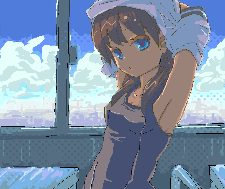 yamada ako, original, 1girl, armpits, collarbone, female focus, flat chest, oekaki, one-piece swimsuit, school swimsuit, solo, swimsuit, undressing