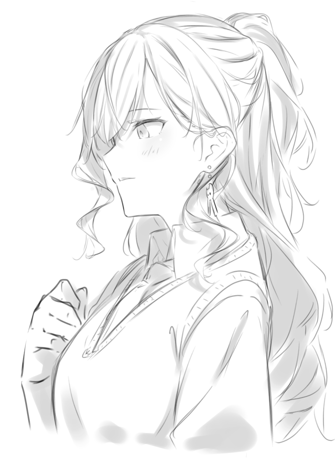 kanade (kanade 3344), imai lisa, bang dream!, commentary, highres, 1girl, collared shirt, earrings, greyscale, half updo, hand up, haneoka school uniform, jewelry, monochrome, necktie, parted lips, school uniform, shirt, simple background, solo, sweater vest, upper body, white background