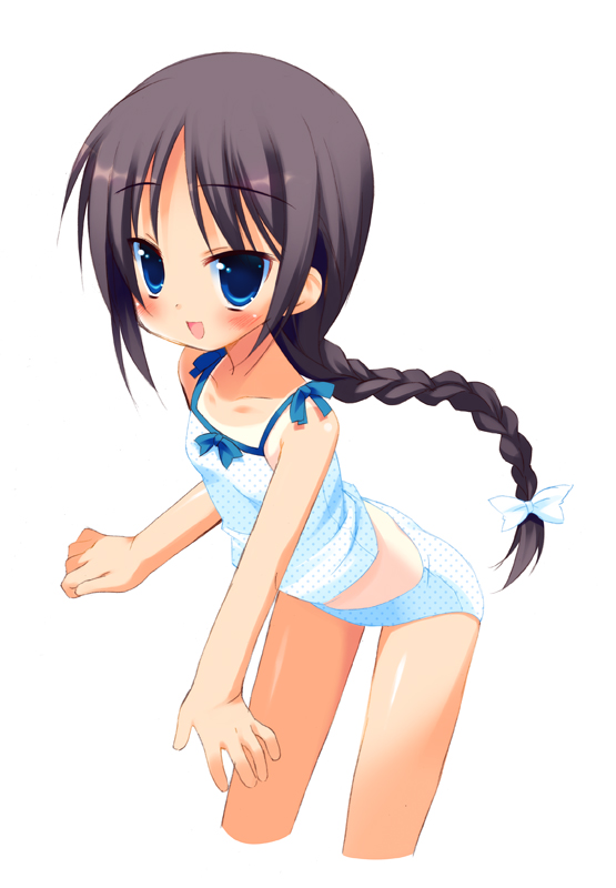 meito (maze), original, 1girl, :d, bare shoulders, black hair, blue eyes, blue panties, blush, bow, braid, camisole, child, cropped legs, female focus, flat chest, leaning forward, long hair, one-piece tan, open mouth, panties, polka dot, polka dot panties, ponytail, simple background, single braid, smile, solo, tan, tanline, underwear, white background