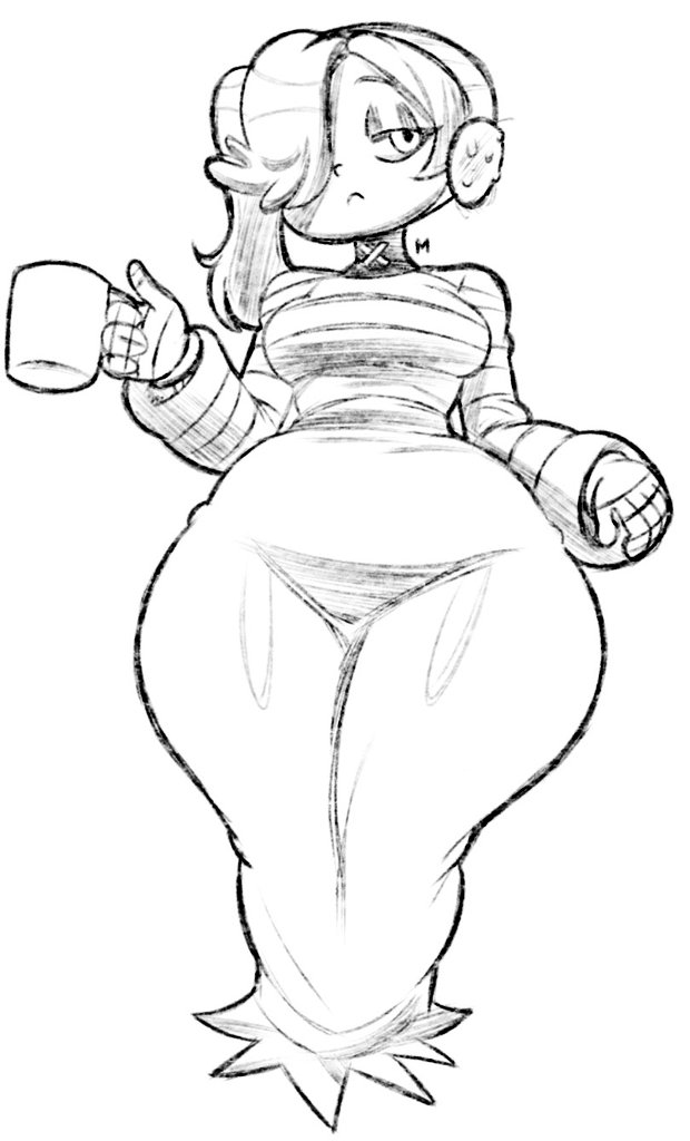 squigly (skullgirls), skullgirls, 1girl, cup, macholor, monochrome, mug, one eye covered, simple background, solo, standing, thick thighs, thighs, wide hips, zombie