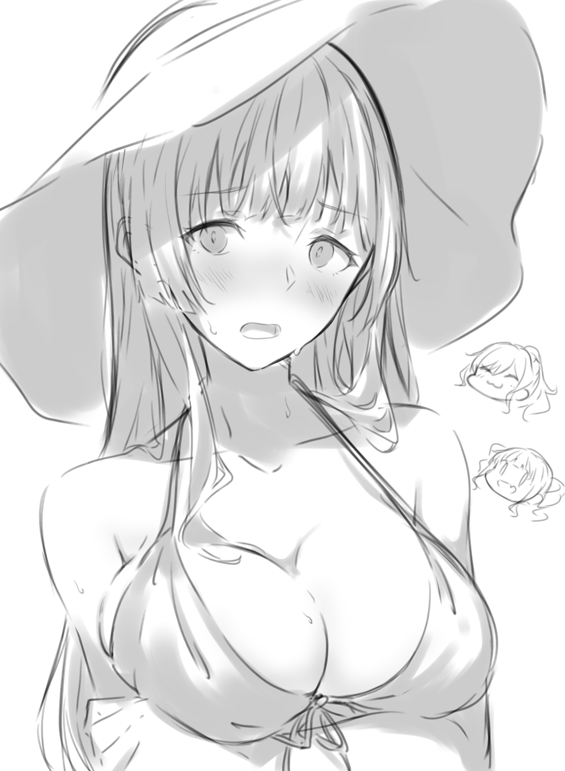 kanade (kanade 3344), imai lisa, shirokane rinko, udagawa ako, bang dream!, commentary, highres, 3girls, :3, bikini, blush, breasts, cleavage, collarbone, drill hair, fang, greyscale, half updo, hat, large breasts, long hair, monochrome, multiple girls, open mouth, sidelocks, sun hat, sweat, swimsuit, twin drills, upper body