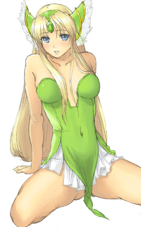 kage yuu, riesz, seiken densetsu, seiken densetsu 3, 1girl, blonde hair, blue eyes, blush, breasts, cleavage, female focus, long hair, medium breasts, solo, very long hair, yuu (toward the sky)