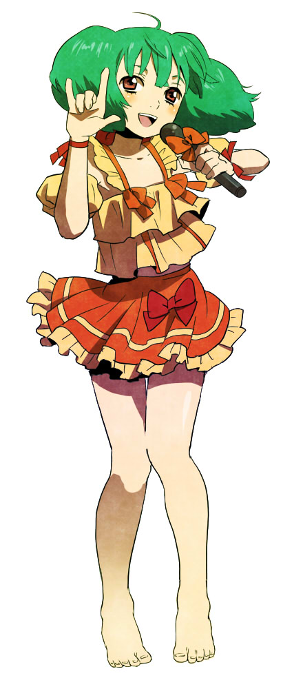 mago, ranka lee, macross, macross frontier, bad id, bad pixiv id, 00s, m/, ahoge, barefoot, blush, dancing, feet, frills, green hair, microphone, music, orange eyes, pigeon-toed, red eyes, seikan hikou, short hair, singing, skirt, smile, solo, twintails
