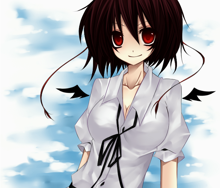 sakurase yuzuru, shameimaru aya, touhou, bad id, bad pixiv id, 1girl, black hair, black wings, breasts, cleavage, female focus, looking at viewer, red eyes, ribbon, shirt, short hair, smile, solo, wings