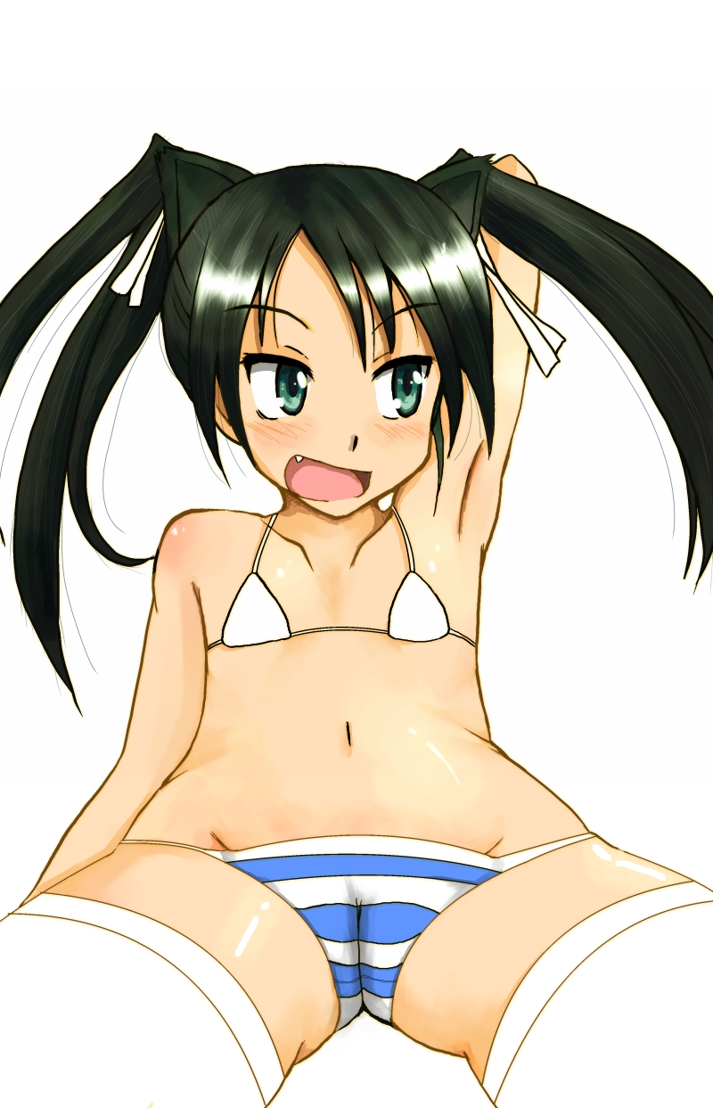 francesca lucchini, strike witches, world witches series, highres, 00s, 1girl, animal ears, armpits, bikini, blush, cameltoe, cat ears, fang, female focus, flat chest, green eyes, green hair, matching hair/eyes, panties, solo, striped clothes, striped panties, swimsuit, thighhighs, underwear