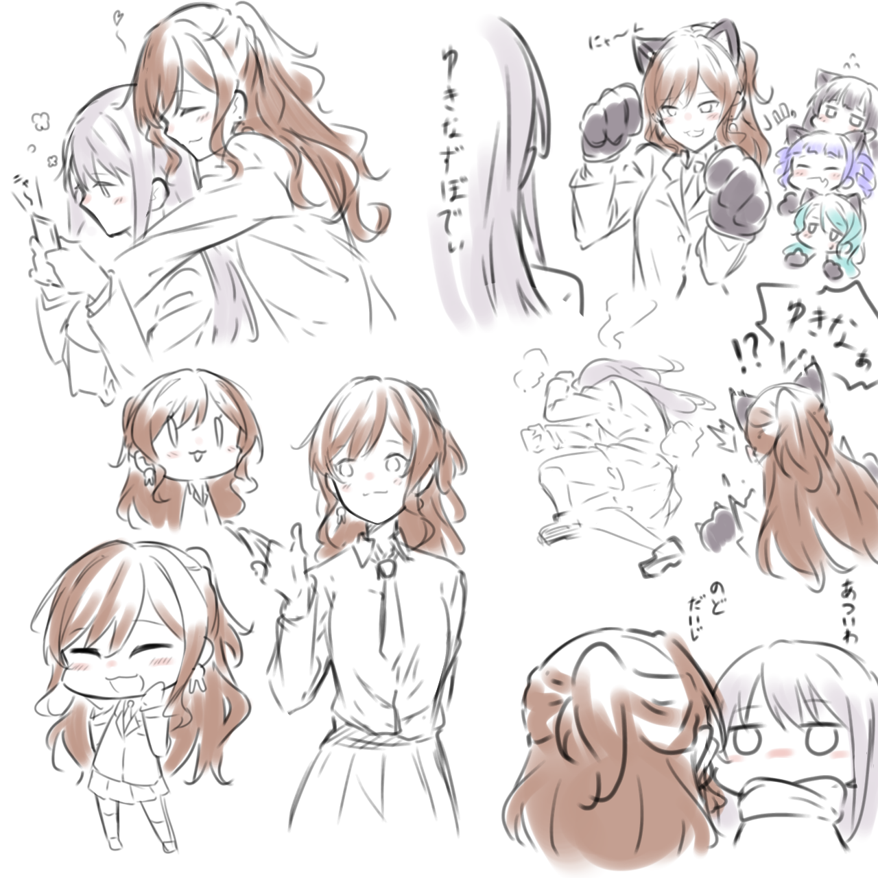 kanade (kanade 3344), hikawa sayo, imai lisa, minato yukina, roselia (bang dream!), shirokane rinko, udagawa ako, bang dream!, commentary, highres, translation request, 5girls, :3, animal ears, animal hands, aqua hair, black hair, blush, brown hair, cat ears, closed eyes, closed mouth, drill hair, fake animal ears, gloves, grey hair, hair between eyes, hug, hug from behind, jacket, long hair, long sleeves, multiple girls, necktie, open mouth, paw gloves, pleated skirt, purple hair, shirt, sidelocks, skirt, sweatdrop, twin drills