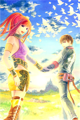karin koenig, yuri hyuga, shadow hearts, shadow hearts ii, lowres, 1boy, 1girl, :d, backlighting, blue sky, brown hair, day, field, floating hair, grass, looking at viewer, looking back, open mouth, outdoors, ponytail, red hair, sidelocks, sky, smile, standing, thigh strap, thighhighs, wind