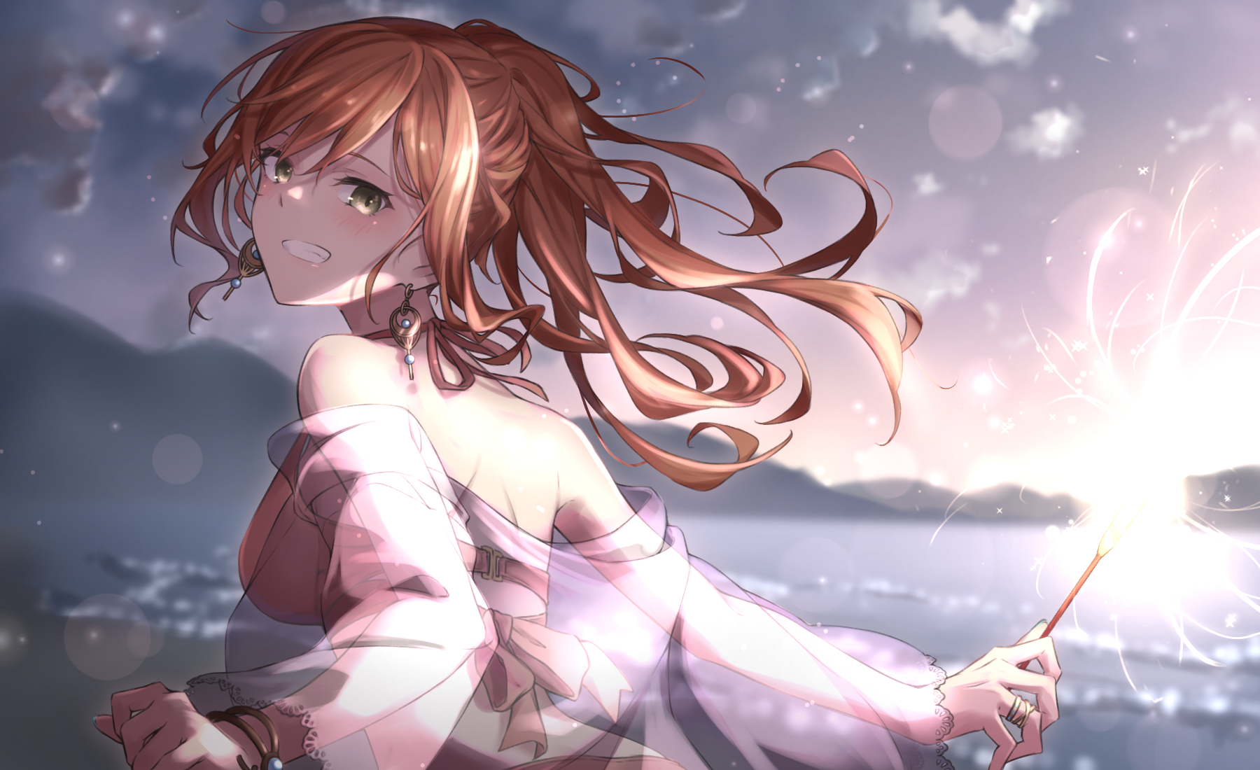 kanade (kanade 3344), imai lisa, bang dream!, commentary, highres, 1girl, bikini, blurry, blurry background, blush, bracelet, breasts, brown hair, clenched teeth, earrings, fireworks, floating hair, holding, holding fireworks, jewelry, large breasts, long hair, looking at viewer, looking back, ocean, off shoulder, pink bikini, ring, sidelocks, solo, sparkler, swimsuit, teeth