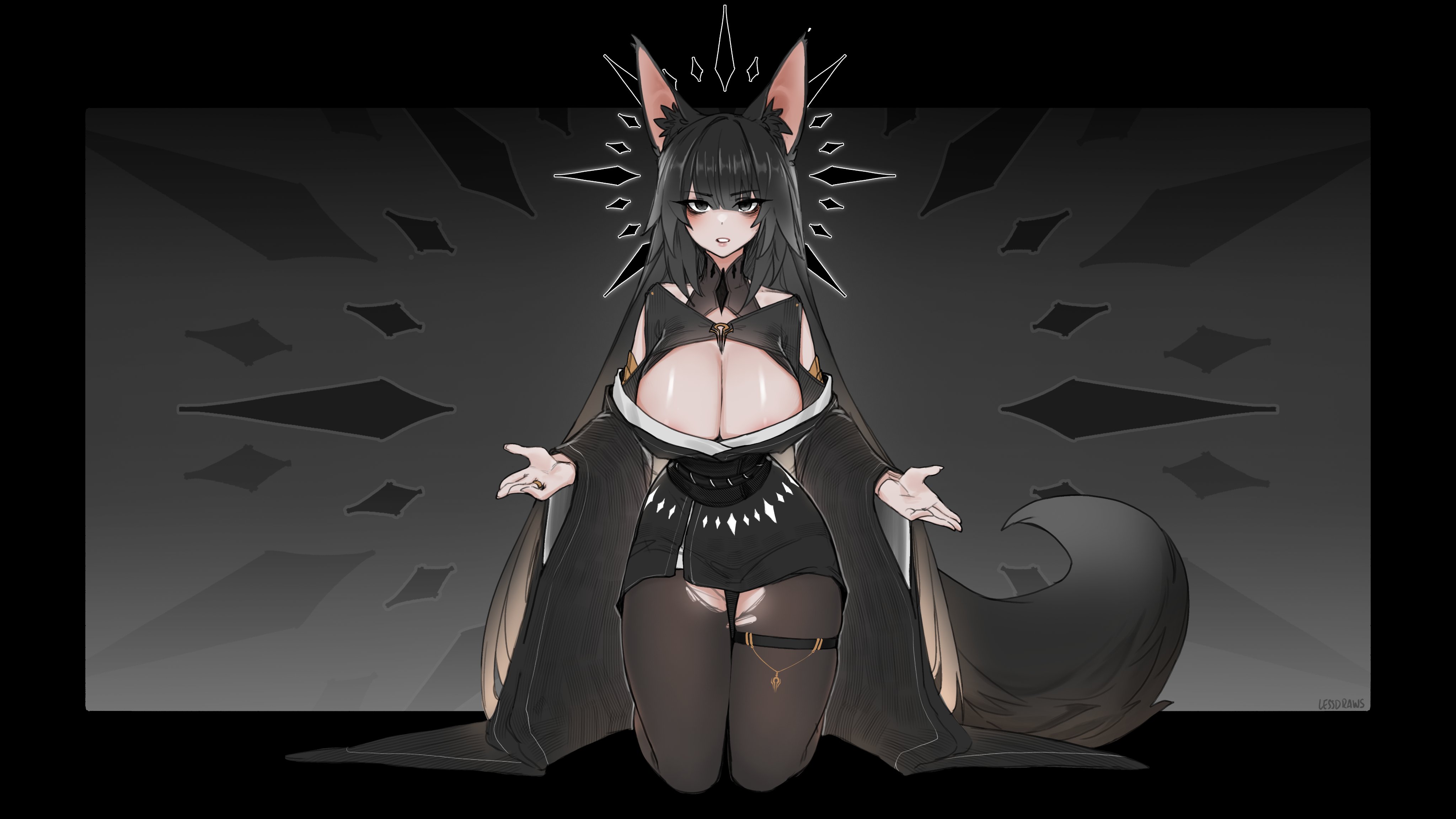 less, original, absurdres, commentary, english commentary, highres, 1girl, animal ear fluff, animal ears, areola slip, bags under eyes, black eyes, black hair, black halo, black pantyhose, breasts, cleavage, fox ears, fox girl, fox tail, full body, grey background, halo, huge breasts, jewelry, kneeling, long sleeves, looking at viewer, pantyhose, parted lips, ring, simple background, solo, straight-on, tail, thigh strap, torn clothes, torn pantyhose, wide sleeves