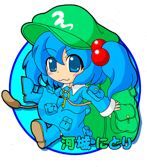 kawashiro nitori, touhou, 1girl, :3, backpack, bag, female focus, hair bobbles, hair ornament, randoseru, solo, two side up