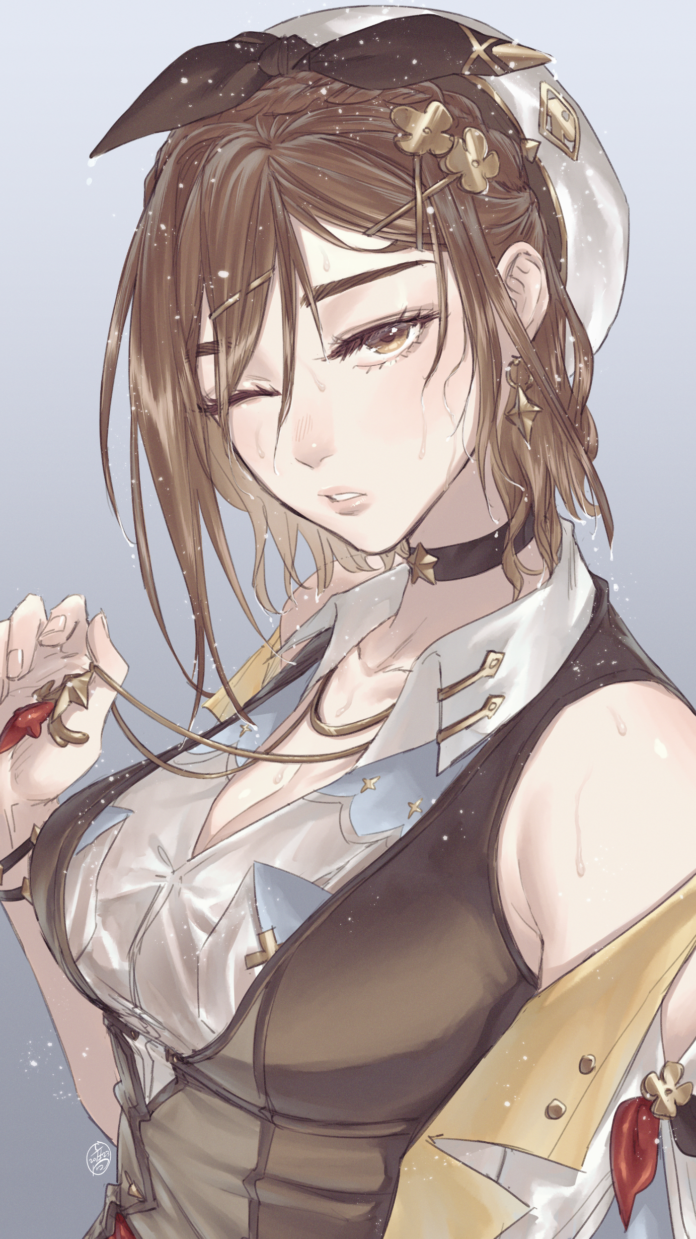 irene koh, reisalin stout, atelier (series), atelier ryza, atelier ryza 3, absurdres, highres, 1girl, beret, bracelet, braid, breasts, brown eyes, brown hair, brown vest, choker, cleavage, clover hair ornament, earrings, hair ornament, hair ribbon, hat, holding, holding jewelry, holding necklace, jewelry, large breasts, necklace, one eye closed, ribbon, shirt, short hair, solo, star (symbol), star choker, star earrings, star necklace, upper body, vest, wet, wet clothes, wet face, wet hair, wet shirt, white hat, white shirt, x hair ornament
