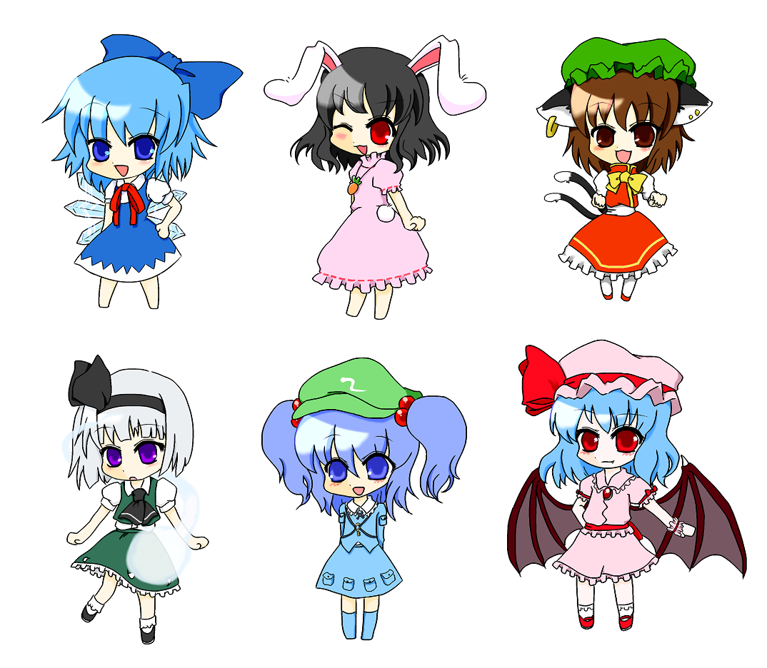 chen, cirno, inaba tewi, kawashiro nitori, konpaku youmu, konpaku youmu (ghost), remilia scarlet, touhou, 6+girls, bow, chibi, female focus, hitodama, multiple girls, two side up