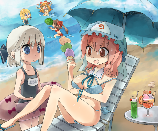hakurei reimu, ibuki suika, kirisame marisa, konpaku youmu, saigyouji yuyuko, touhou, 4girls, 5girls, beach, bikini, blue eyes, breasts, day, female focus, food, hat, ice cream, innertube, multiple girls, ocean, oekaki, one-piece swimsuit, pink eyes, pink hair, polka dot, polka dot bikini, school swimsuit, side-tie bikini bottom, swim ring, swimsuit, umbrella