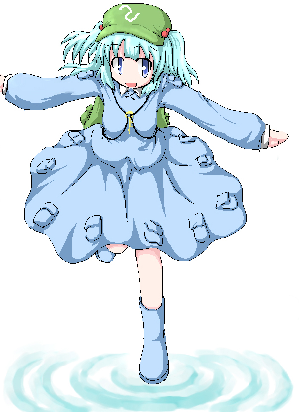 baerun, kawashiro nitori, touhou, 1girl, aqua hair, blue eyes, blue hair, boots, female focus, hat, matching hair/eyes, outstretched arms, ripples, rubber boots, skirt, solo, spread arms, twintails, two side up, water, white background
